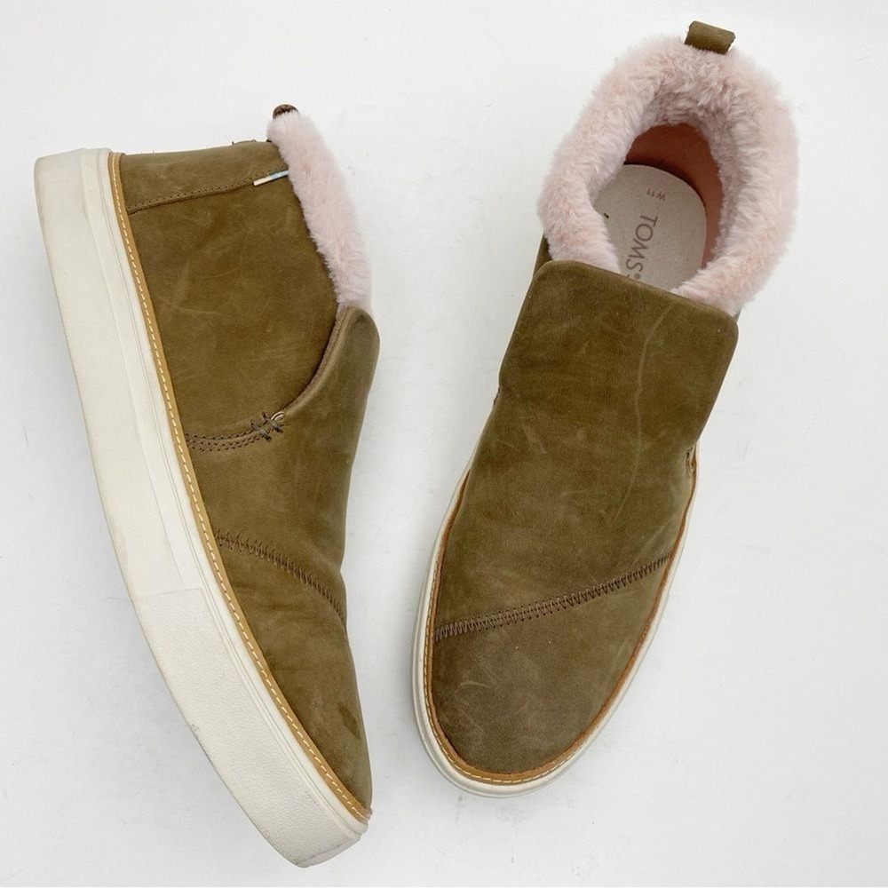 TOMS Paxton Sable Tan Leather/Faux Fur Slip On Sneaker Bootie Womens Size 11 - Picture 1 of 7